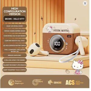 bluetooth retro camera charging case with earbuds hello kitty
